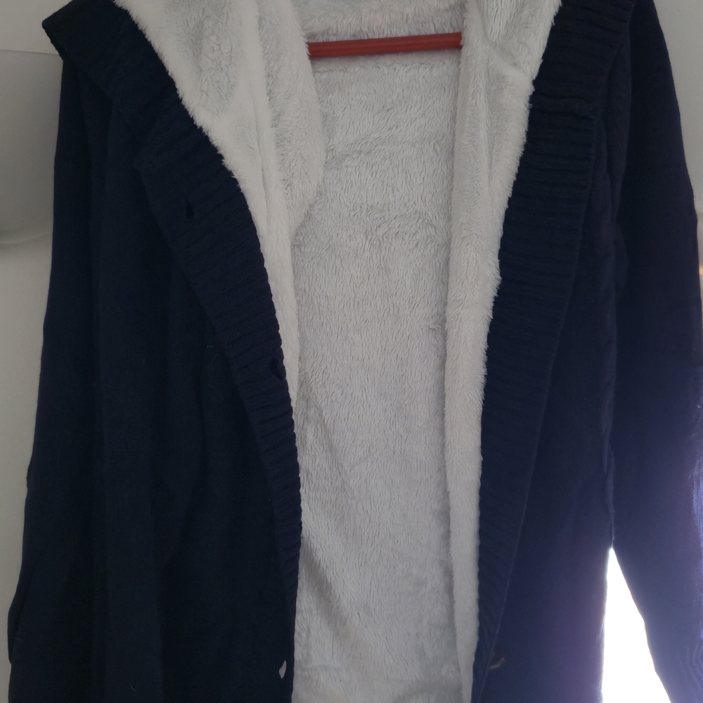 Dark Blue Hooded Cardigan with White Lining